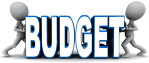 Image of two figures pushing against the word "budget" from opposite ends